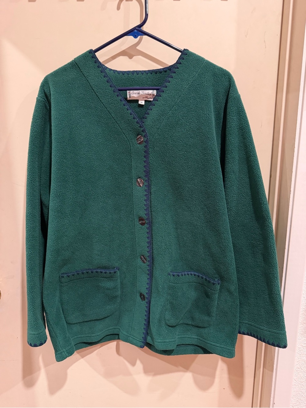 Sarah Bentley Green Fleece Button-Front Cardigan with Navy Trim